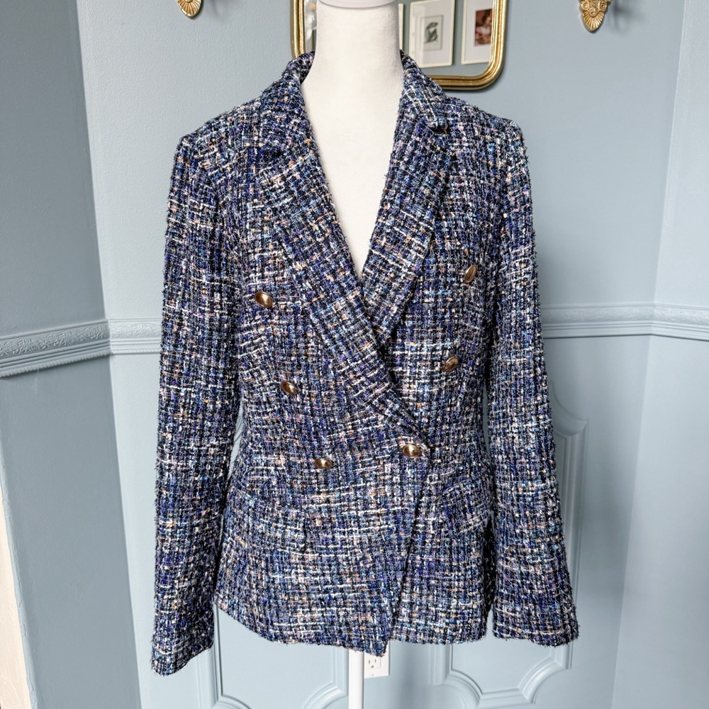 Blue tweed double breasted blazer with gold buttons